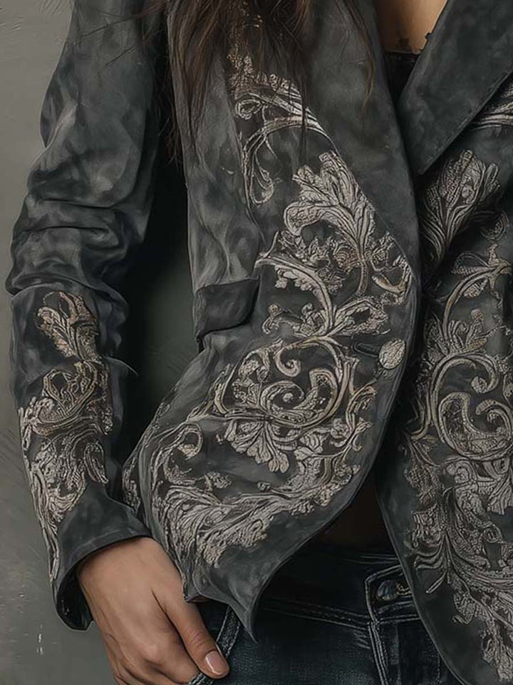 Blazer in Eco-Pelle Imbottita con Motivo Floreale in Grigio Ardesia