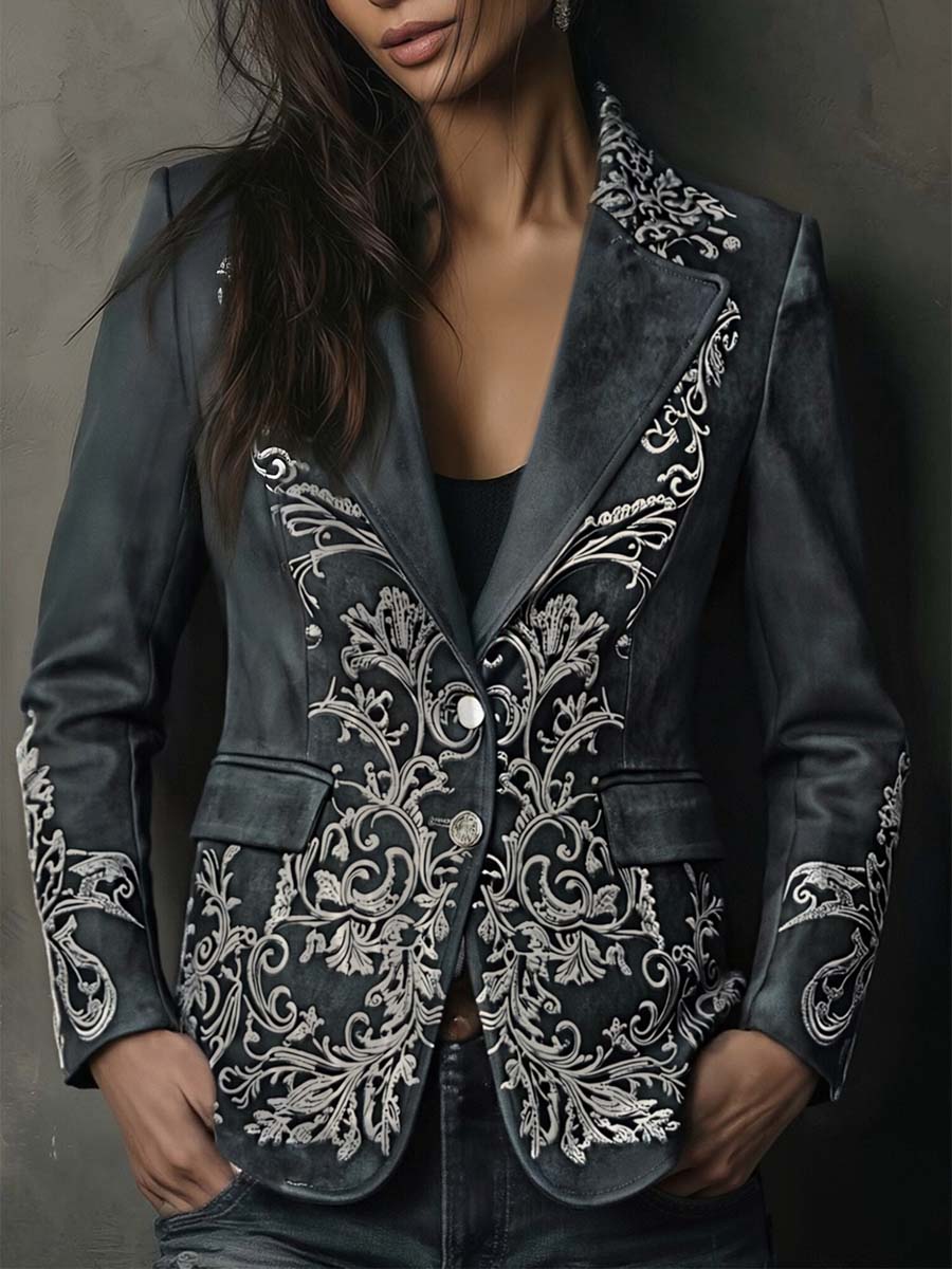Blazer in Eco-Pelle Imbottita con Motivo Floreale in Grigio Ardesia