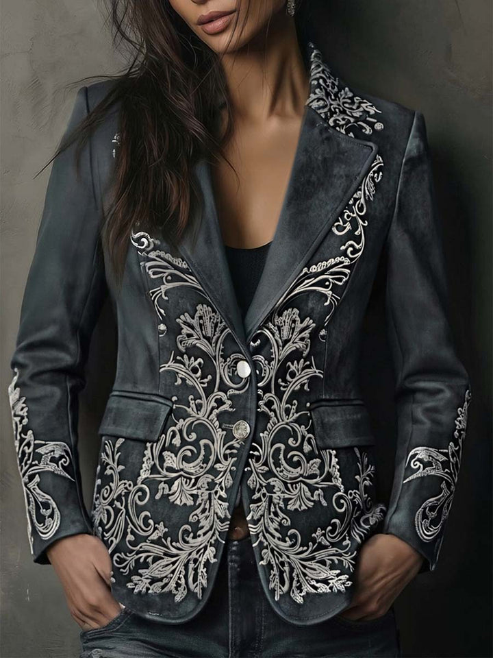 Blazer in Eco-Pelle Imbottita con Motivo Floreale in Grigio Ardesia