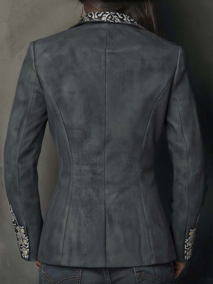 Blazer in Eco-Pelle Imbottita con Motivo Floreale in Grigio Ardesia