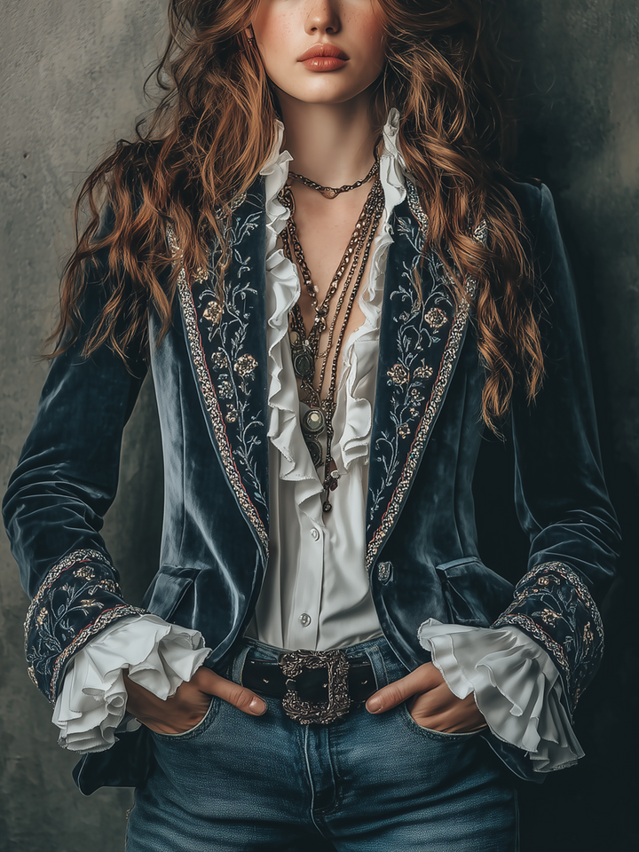 Blazer in Velluto di Poliestere con Maniche Ricamate a Fiori Vintage