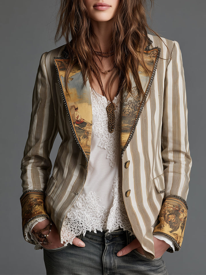 Blazer in Cotone a Righe Bohemien con Rever Stampati