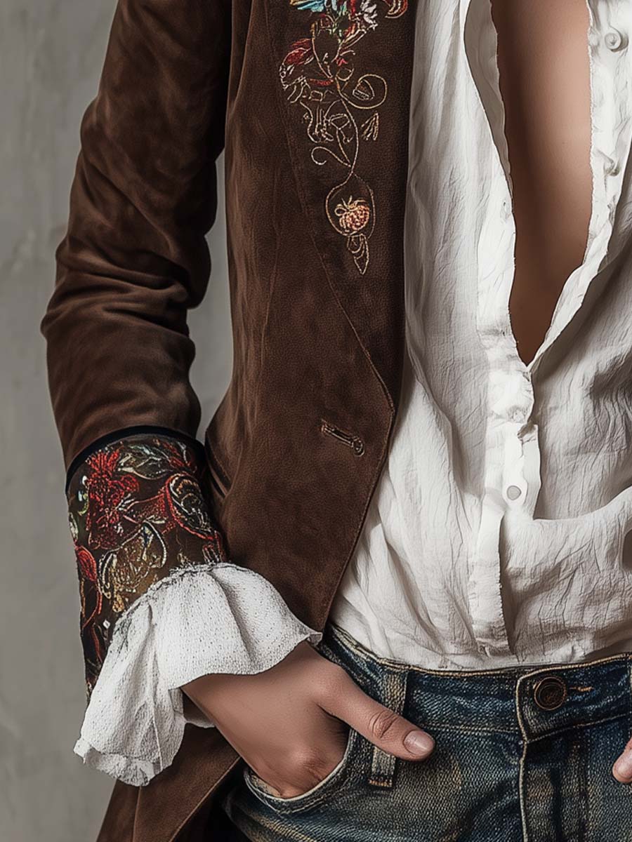 Blazer Vintage in Suede Marrone con Dettagli Ricamati