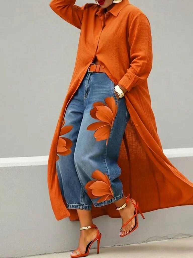 Rosalia - Completo con Abito Camicia in Lino e Jeans a Fiori