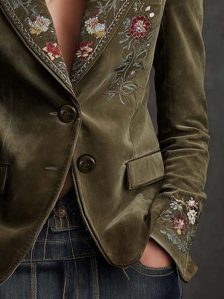 Blazer in Velluto Verde Oliva con Ricami Floreali Intricati