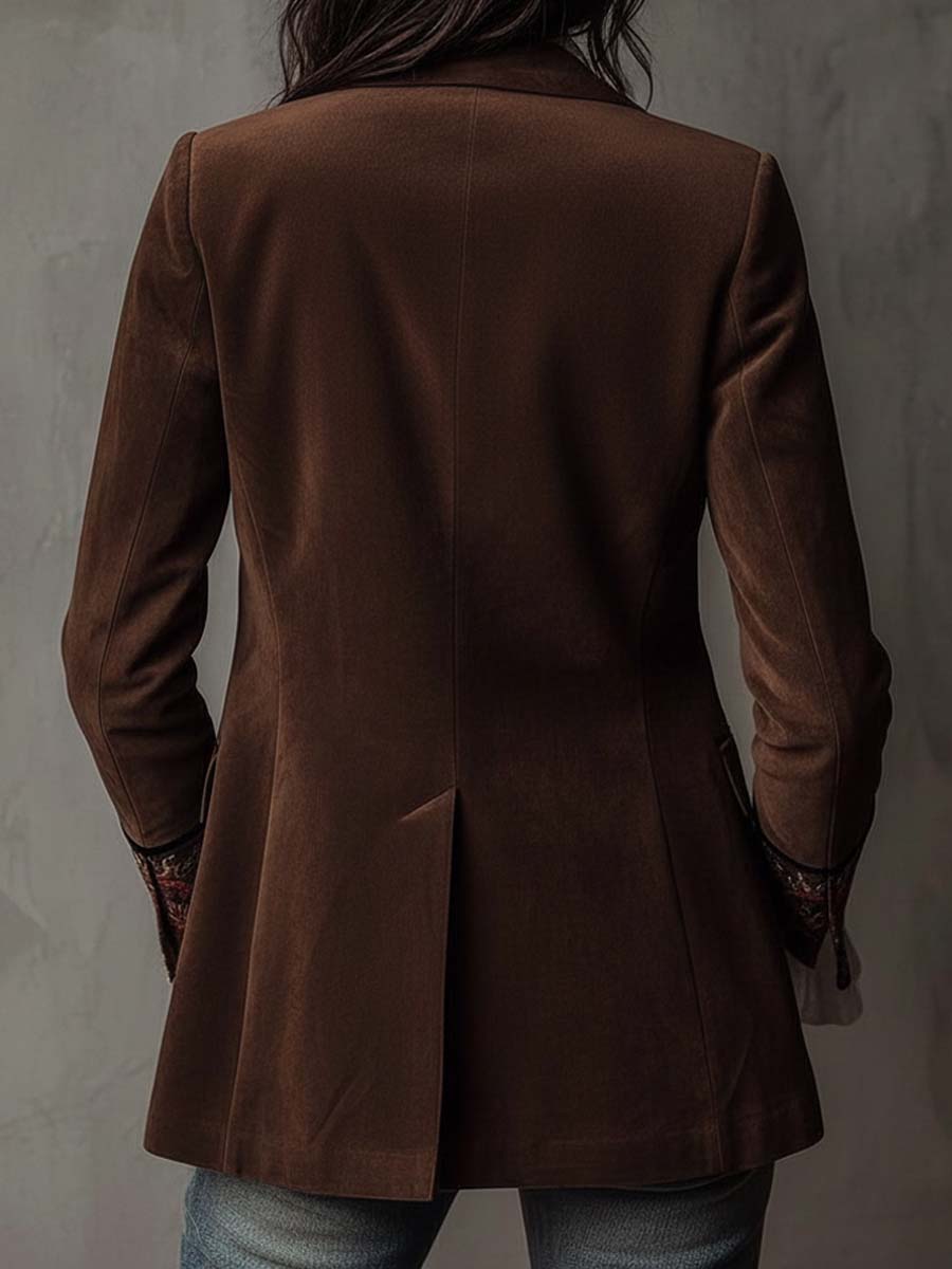 Blazer Vintage in Suede Marrone con Dettagli Ricamati