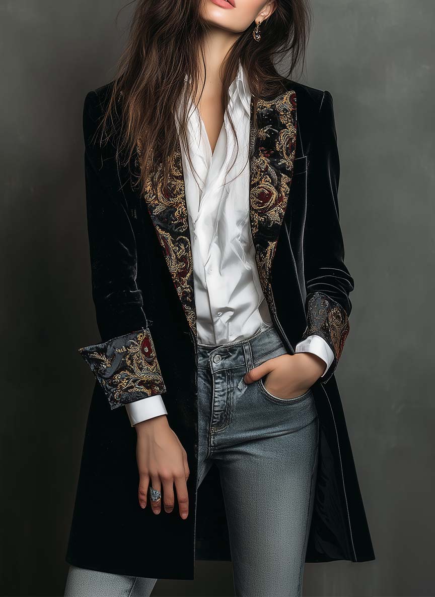 Blazer in Velluto Nero Vintage di Lusso Senza Tempo con Rever Stampato Barocco