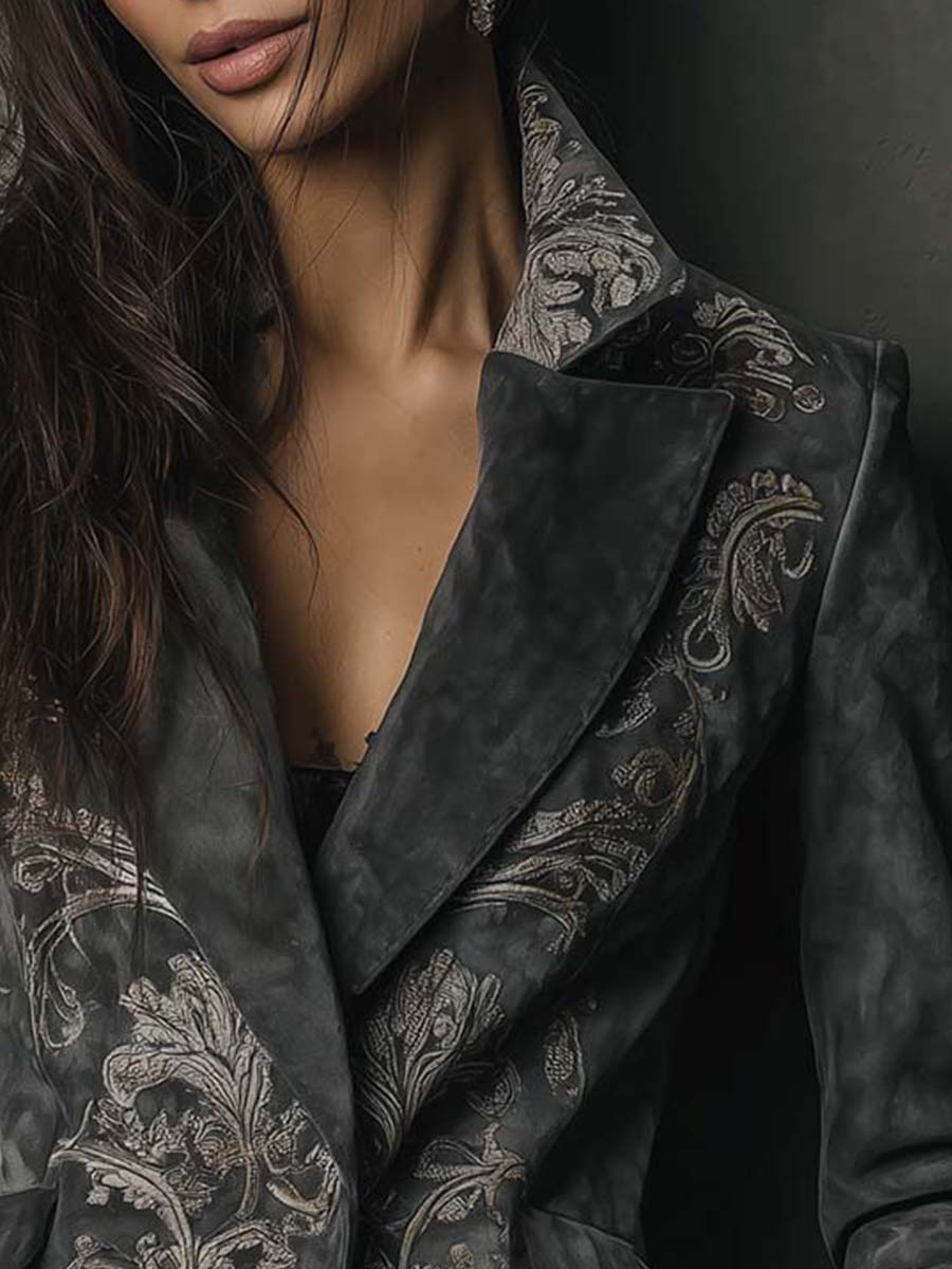Blazer in Eco-Pelle Imbottita con Motivo Floreale in Grigio Ardesia