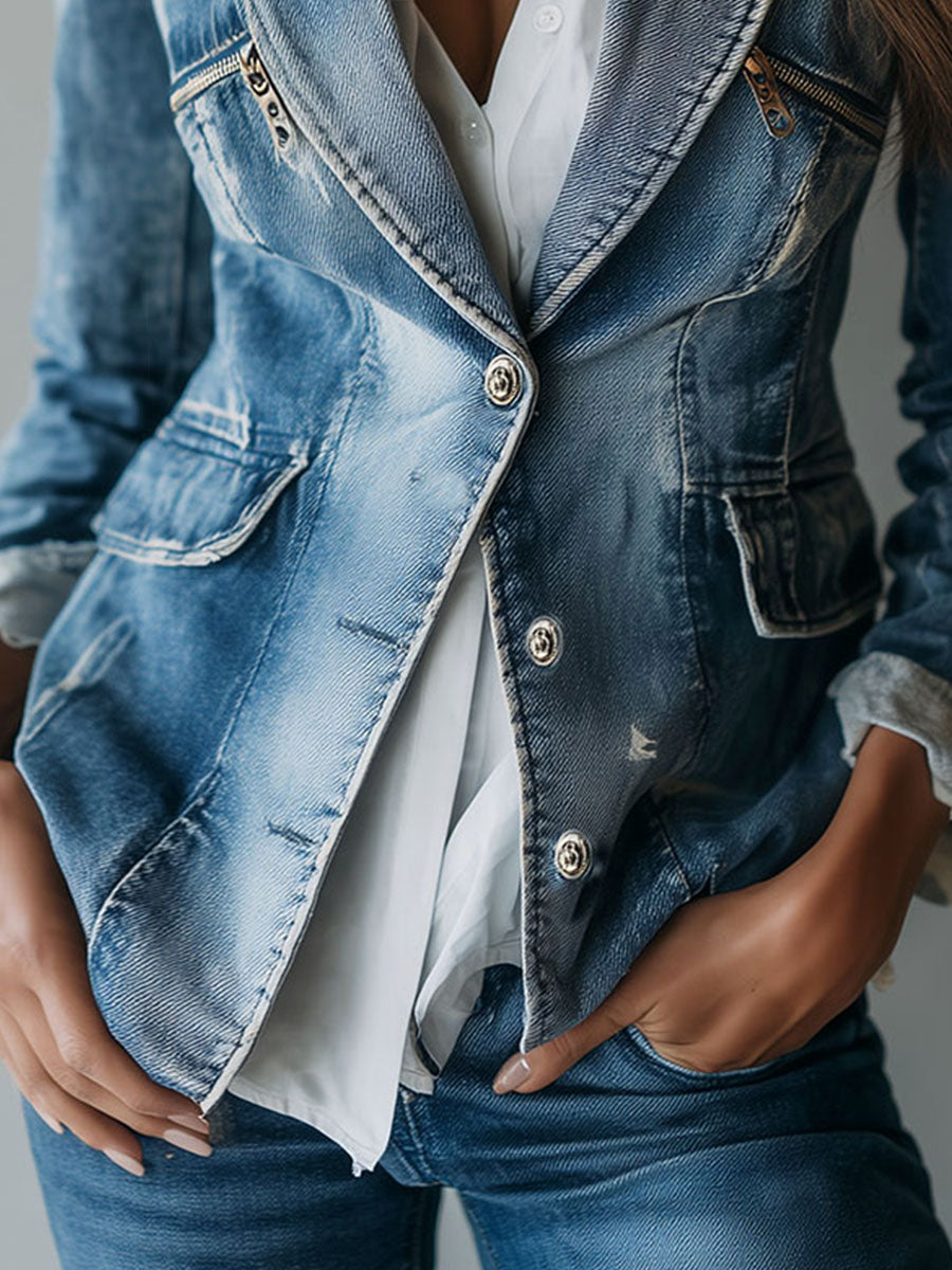 Blazer in Denim Lavato Vintage Senza Sforzo