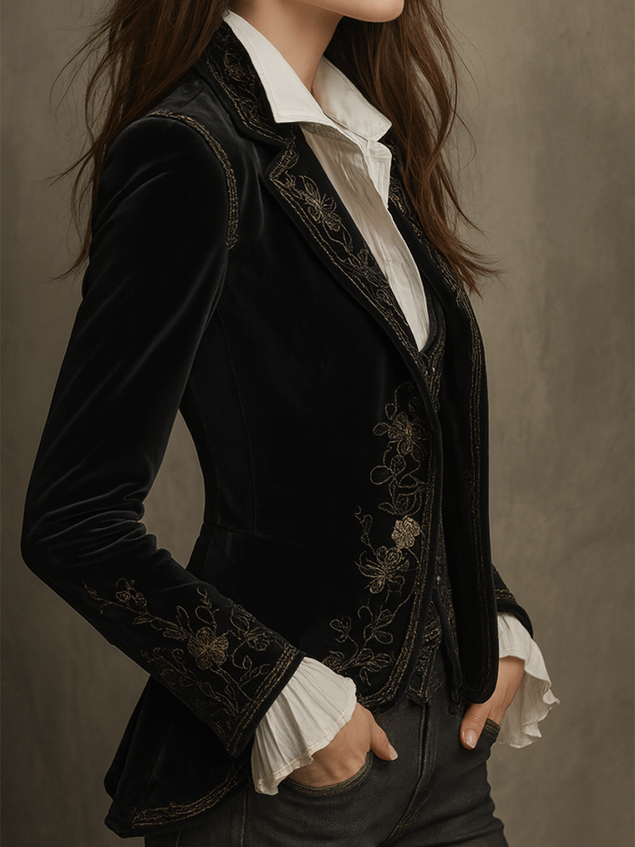 Blazer Elegante in Velluto Nero Ricamato
