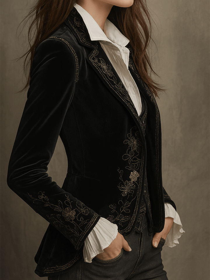 Blazer Elegante in Velluto Nero Ricamato