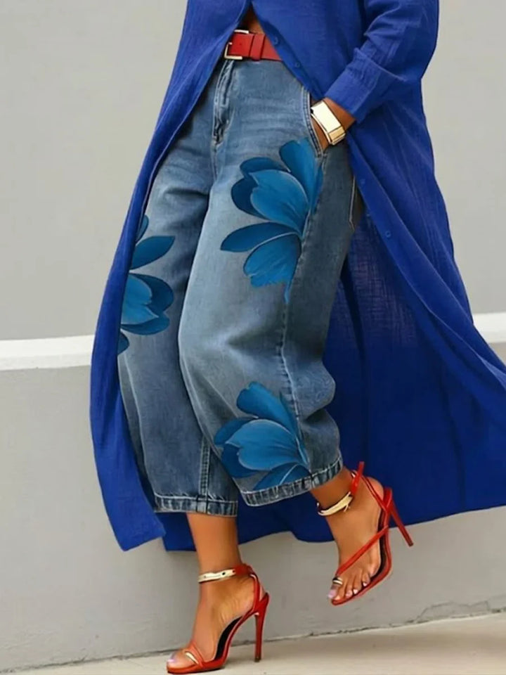 Rosalia - Completo con Abito Camicia in Lino e Jeans a Fiori