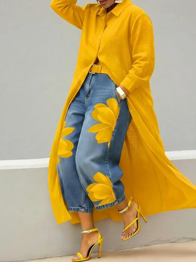Rosalia - Completo con Abito Camicia in Lino e Jeans a Fiori