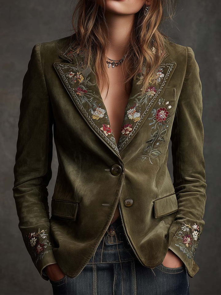 Blazer in Velluto Verde Oliva con Ricami Floreali Intricati