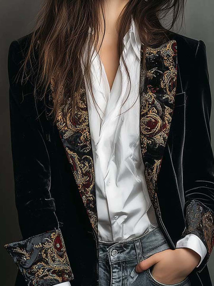 Blazer in Velluto Nero Vintage di Lusso Senza Tempo con Rever Stampato Barocco