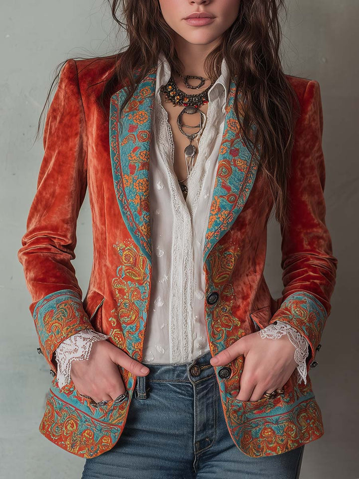 Blazer Stampato in Velluto di Poliestere con Colore a Contrasto Retro