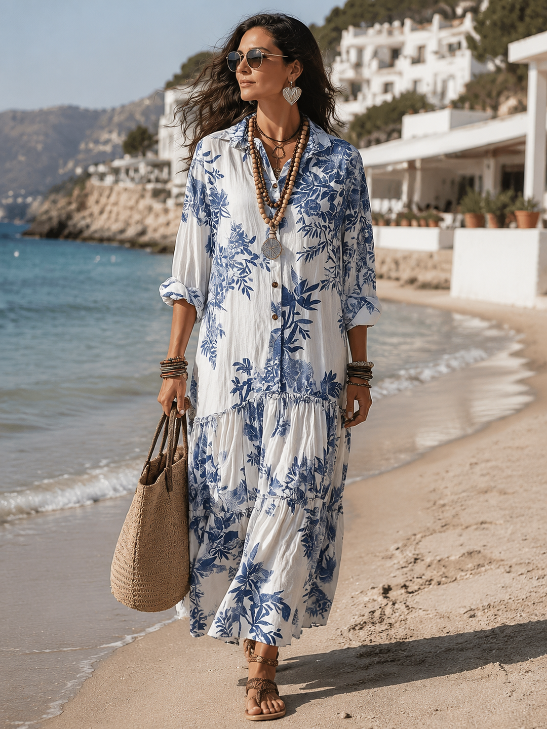 Giulia™ | Abito lungo floreale Blu Boho con bottoni