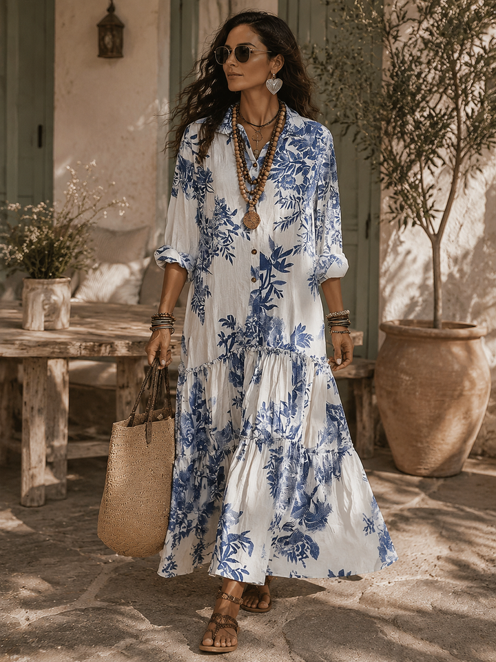 Giulia™ | Abito lungo floreale Blu Boho con bottoni