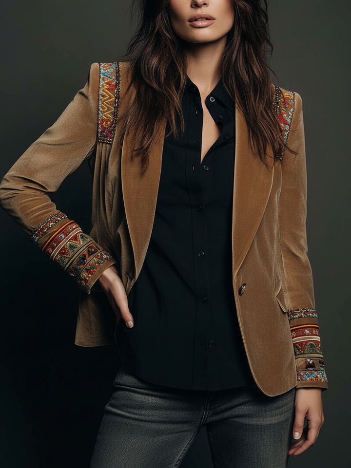 Blazer in velluto di poliestere ricamato con dettagli bohemien