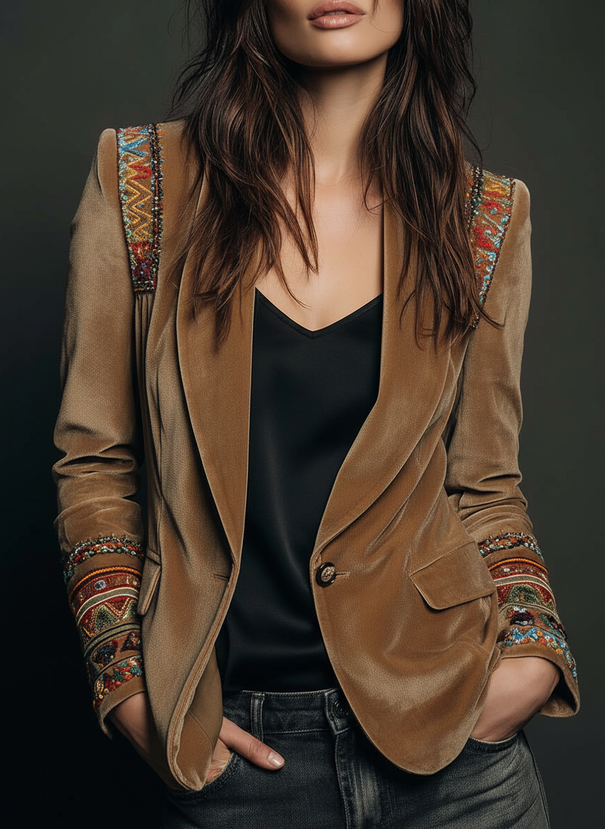 Blazer in velluto di poliestere ricamato con dettagli bohemien