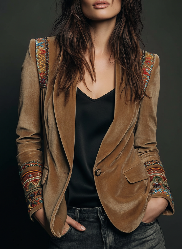 Blazer in velluto di poliestere ricamato con dettagli bohemien