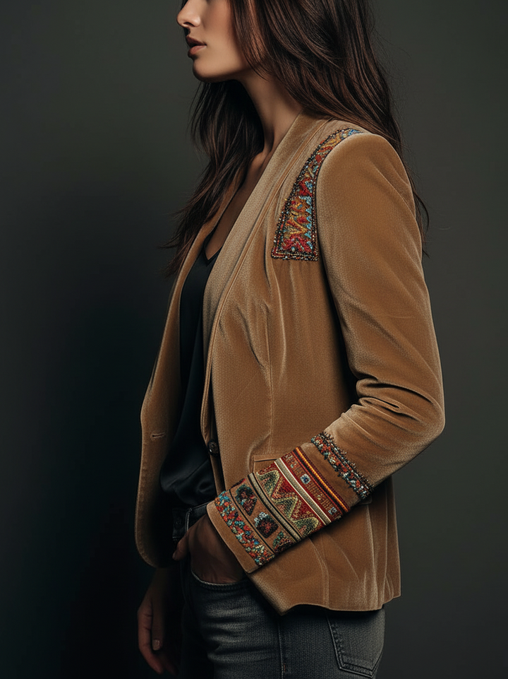 Blazer in velluto di poliestere ricamato con dettagli bohemien