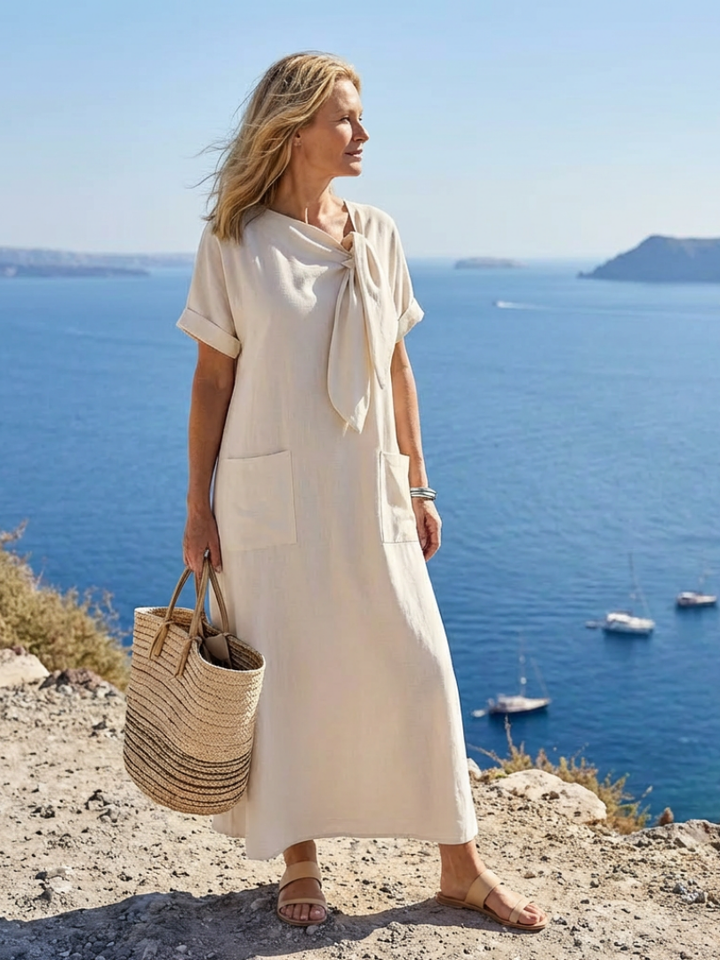 Elowyn | Vestito Maxi con Collo Rotondo e Manica Corta con Tasca