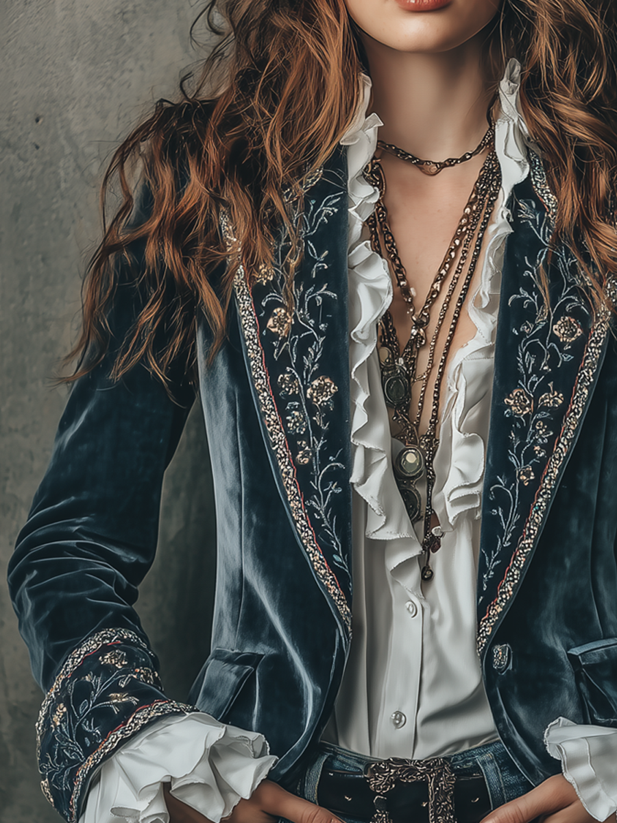Blazer in Velluto di Poliestere con Maniche Ricamate a Fiori Vintage
