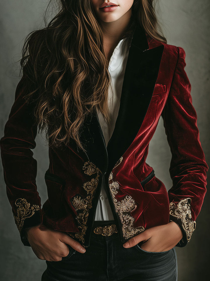 Blazer in Velluto Ricamato di Lusso Nero con Collo Elegante e Oro