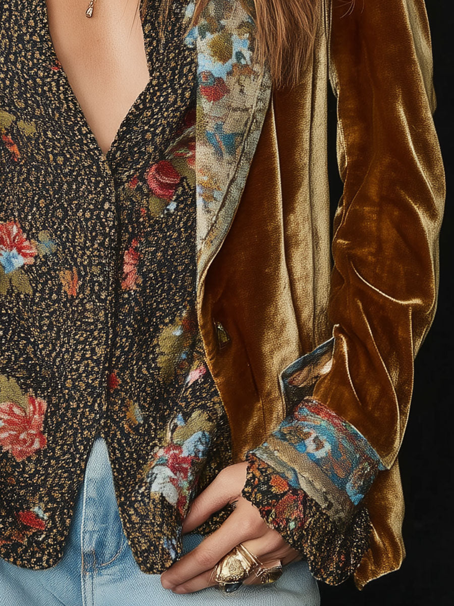 Blazer Patchwork in Velluto di Poliestere con Stampa Floreale e Collo Vintage