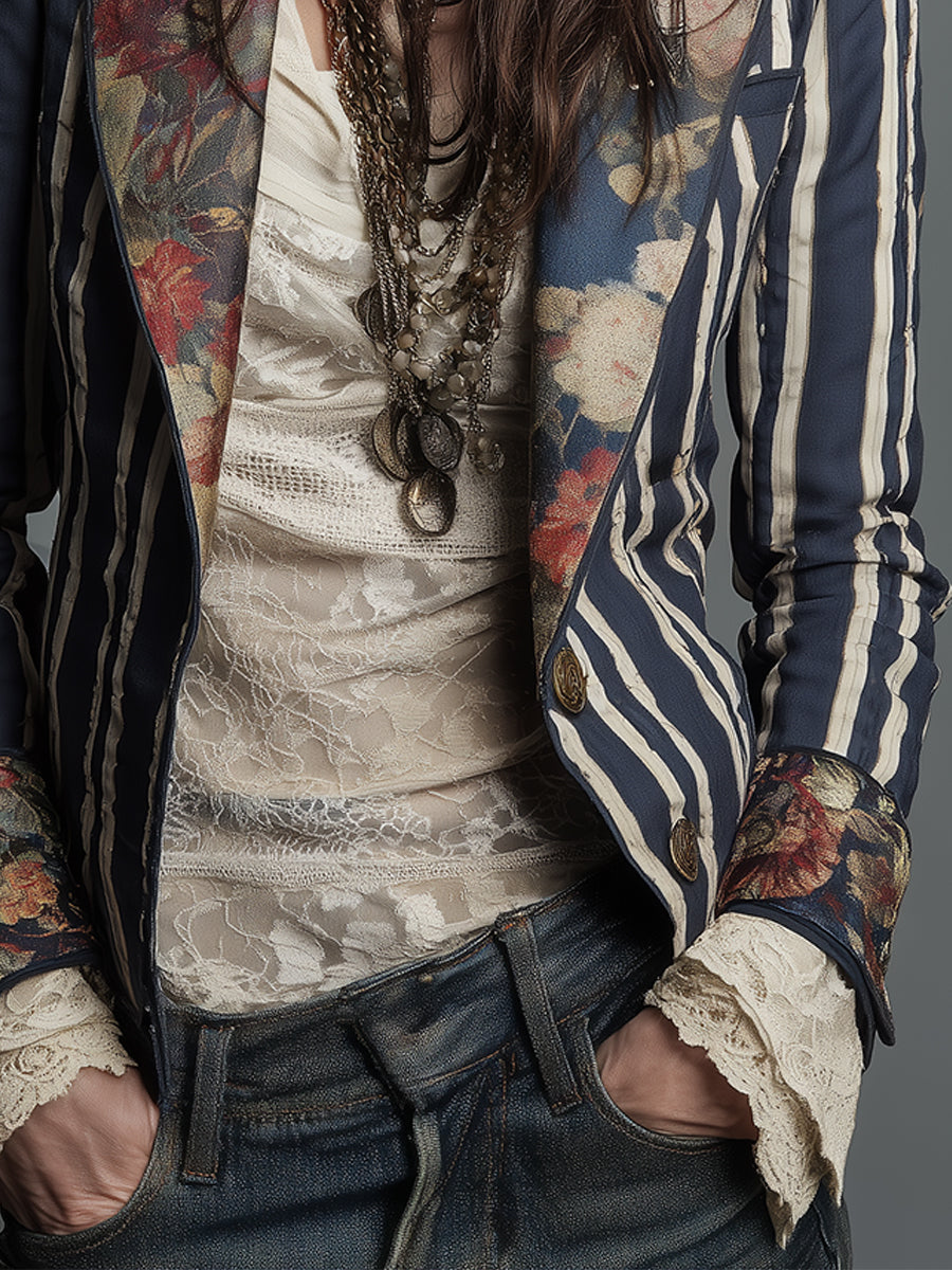 Blazer Striato in Cotone e Lino con Stampa Floreale Bohemien