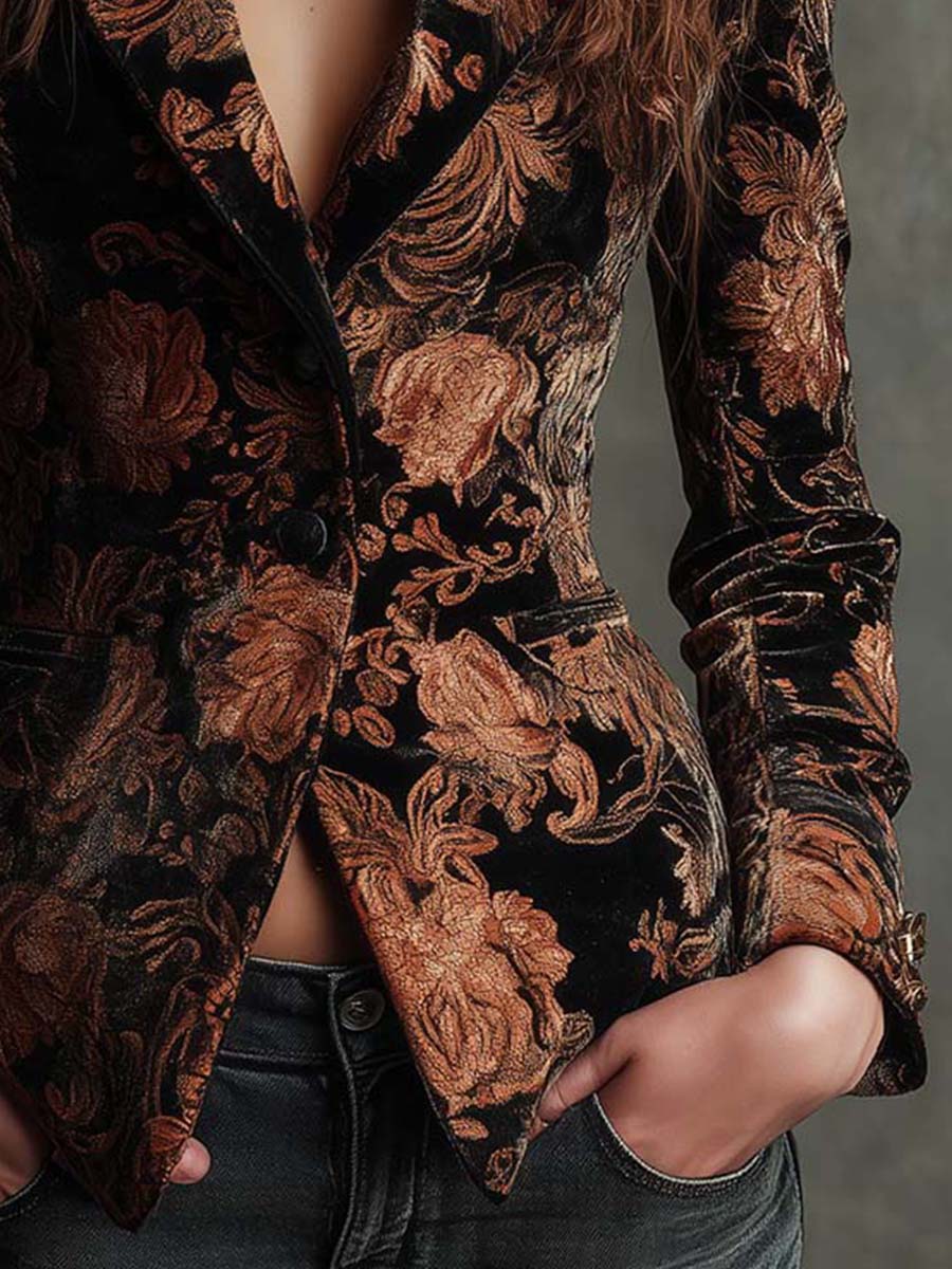 Blazer in Velluto con Stampa Floreale in Nero e Bronzo