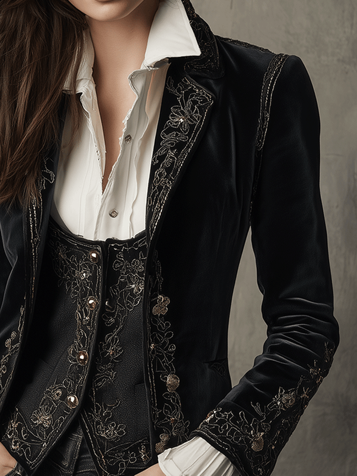 Blazer Elegante in Velluto Nero Ricamato