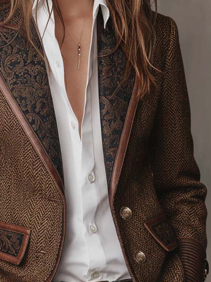Blazer in Tweed a Spina di Pesce con Pannelli Stampati