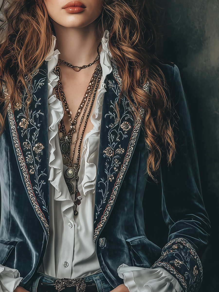 Blazer in Velluto di Poliestere con Maniche Ricamate a Fiori Vintage