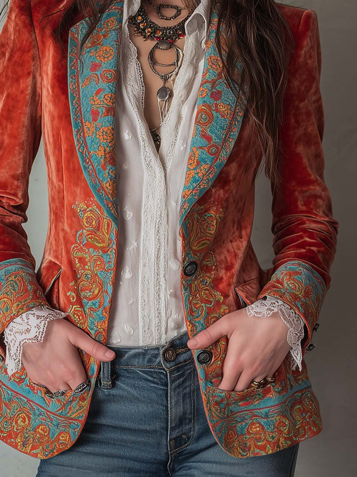 Blazer Stampato in Velluto di Poliestere con Colore a Contrasto Retro