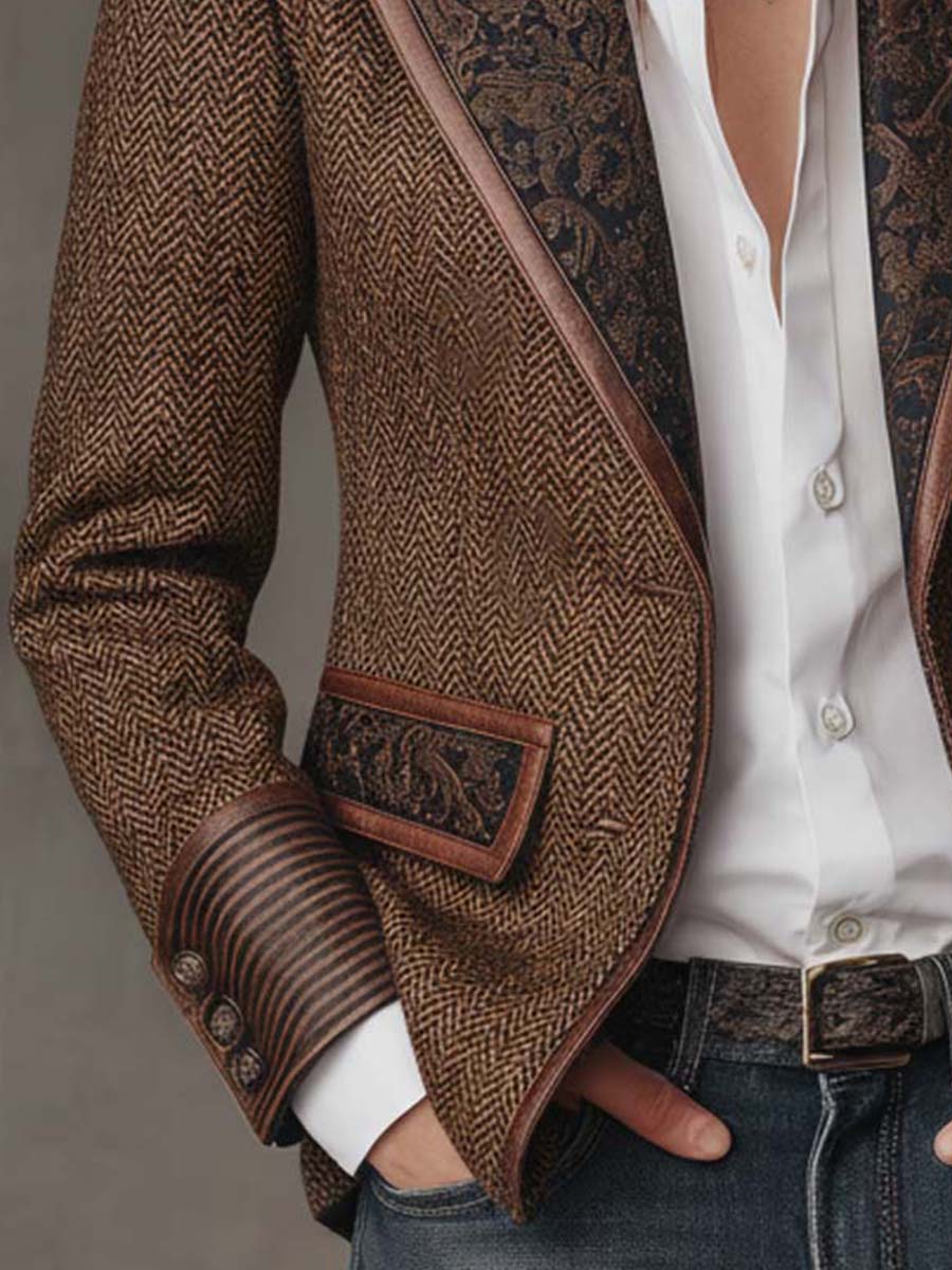 Blazer in Tweed a Spina di Pesce con Pannelli Stampati