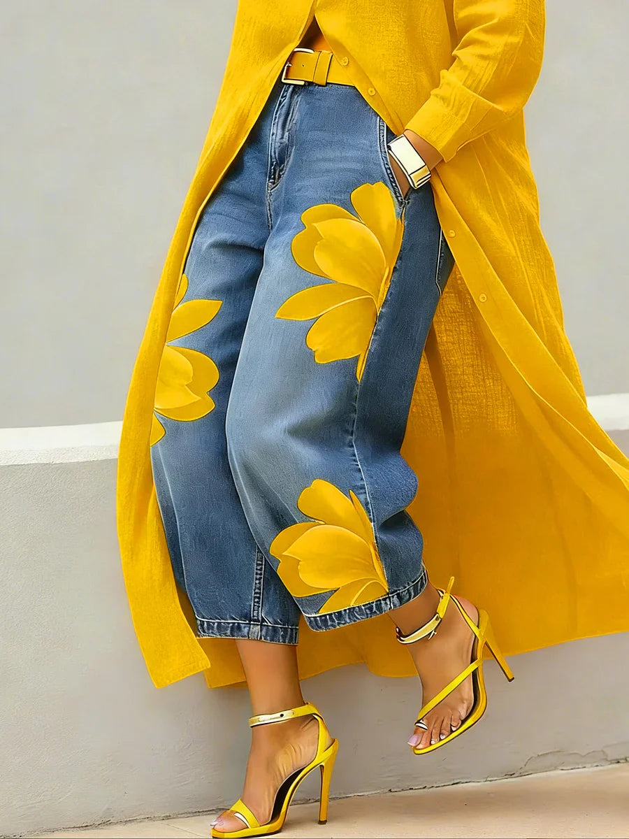 Rosalia - Completo con Abito Camicia in Lino e Jeans a Fiori