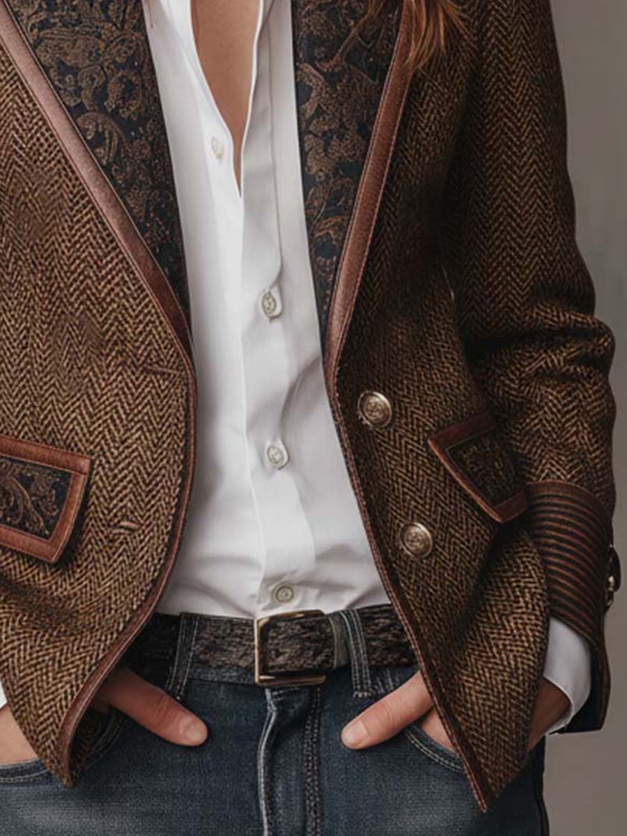 Blazer in Tweed a Spina di Pesce con Pannelli Stampati