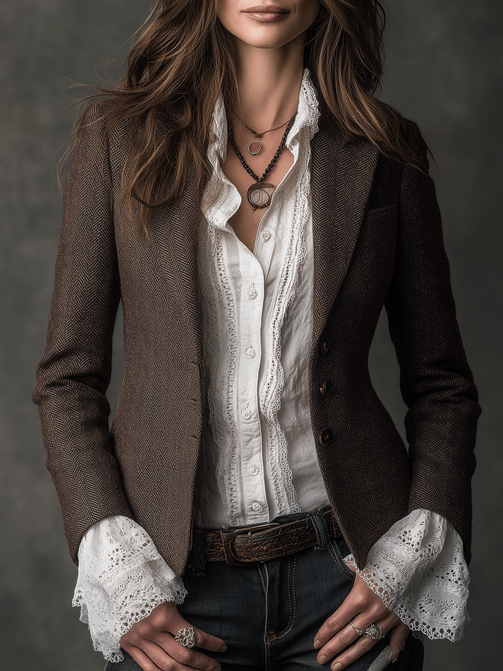 Blazer Su Misura in Mistura di Tweed Marrone Vintage