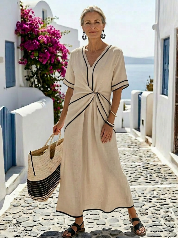 Linnea | Vestito midi a manica corta con scollatura a V e vita arricciata