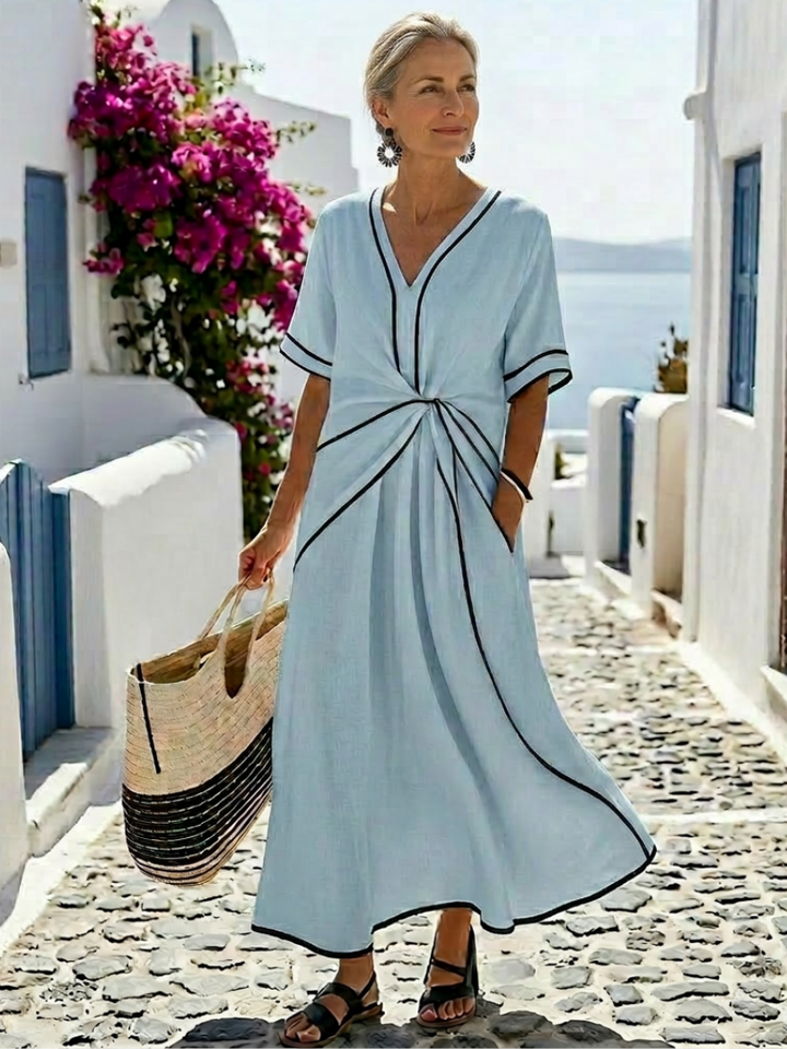 Linnea | Vestito midi a manica corta con scollatura a V e vita arricciata