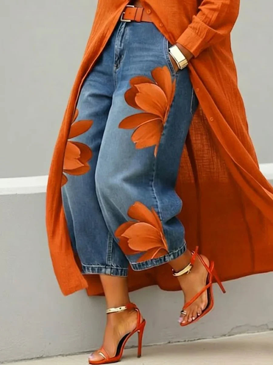 Rosalia - Completo con Abito Camicia in Lino e Jeans a Fiori