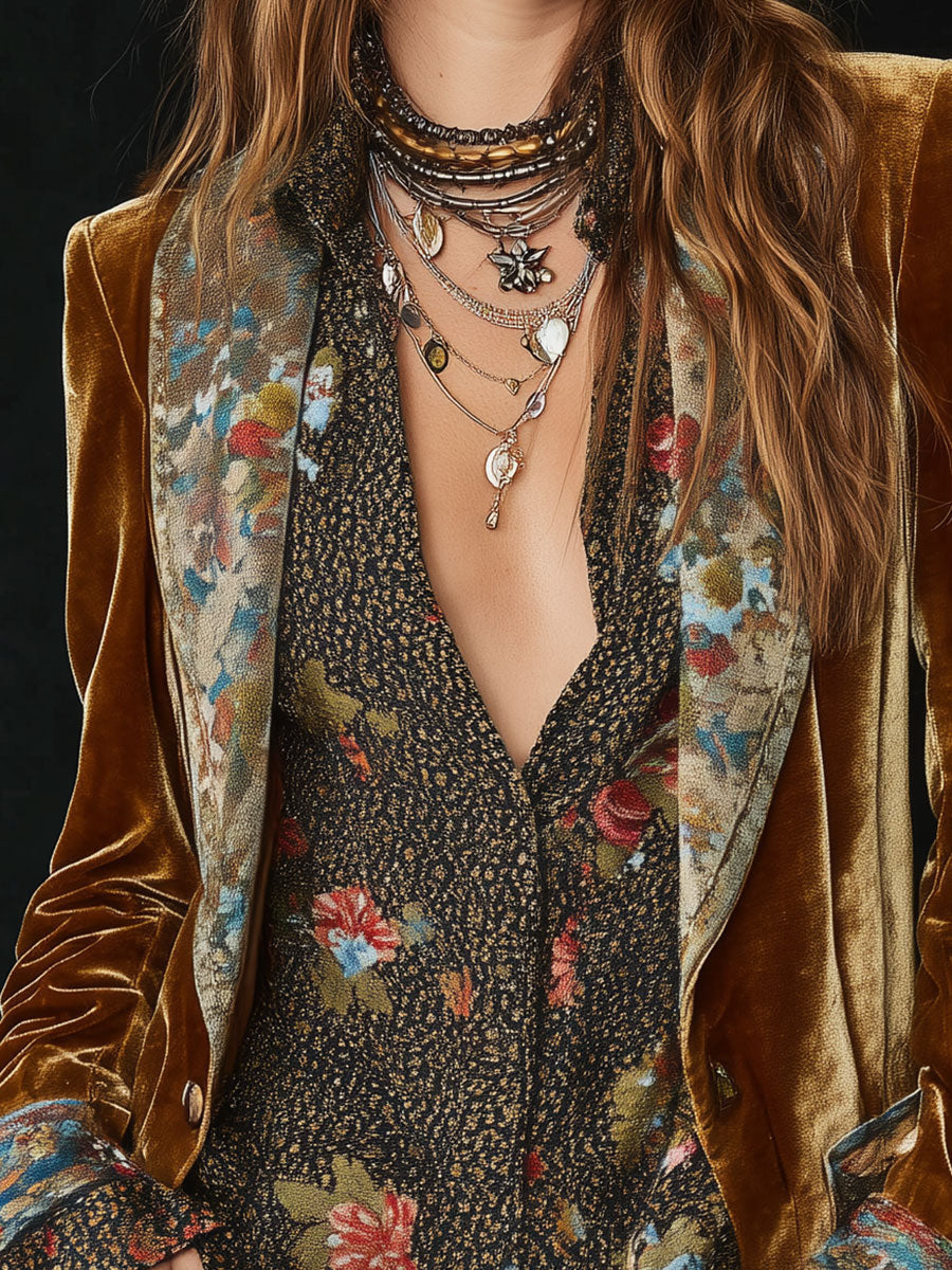 Blazer Patchwork in Velluto di Poliestere con Stampa Floreale e Collo Vintage