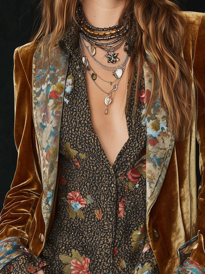 Blazer Patchwork in Velluto di Poliestere con Stampa Floreale e Collo Vintage