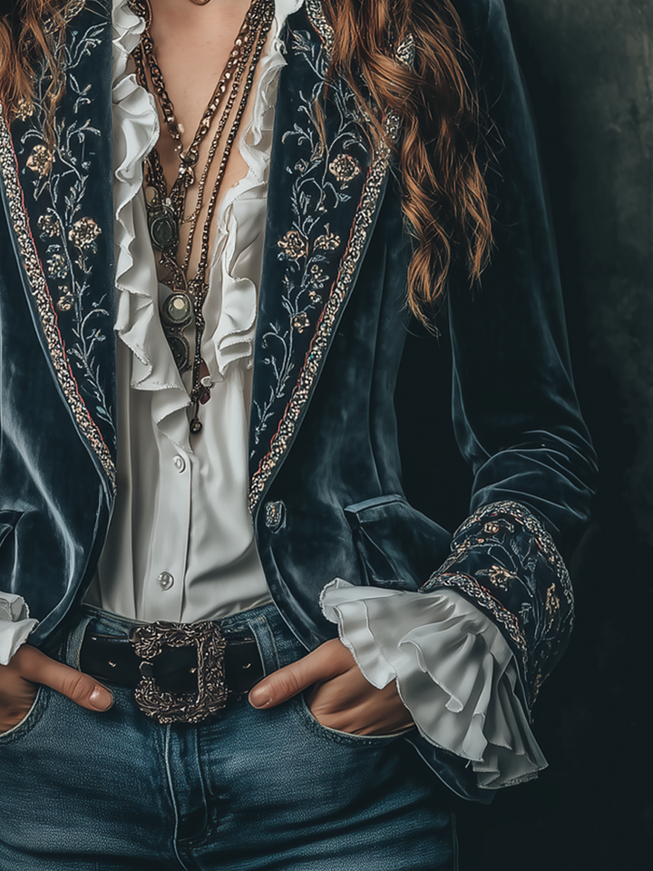 Blazer in Velluto di Poliestere con Maniche Ricamate a Fiori Vintage