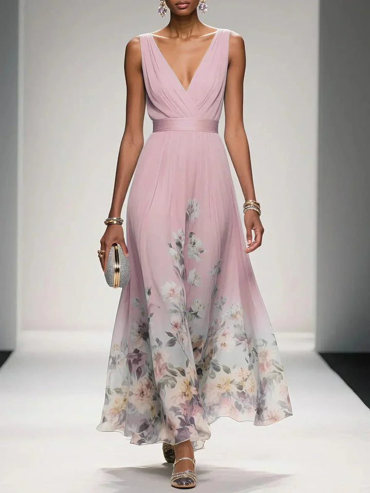 Rosa | Abito Maxi in Chiffon con Fiori Blu Chiaro e Scollatura a V
