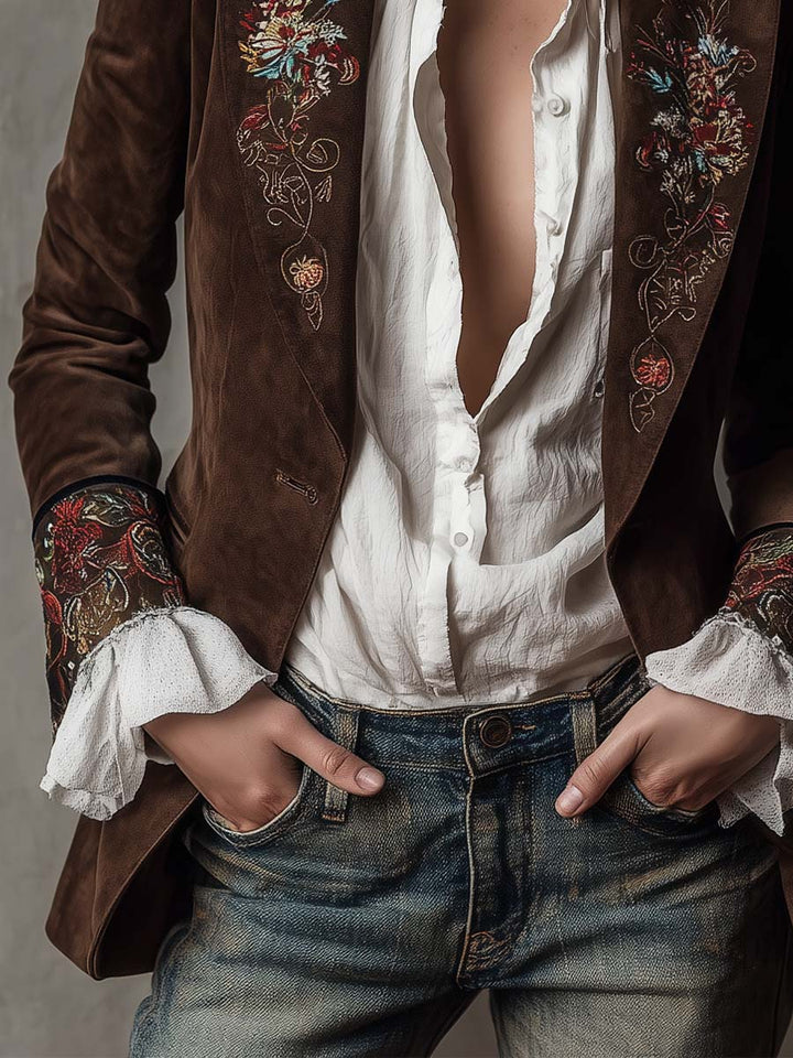 Blazer Vintage in Suede Marrone con Dettagli Ricamati
